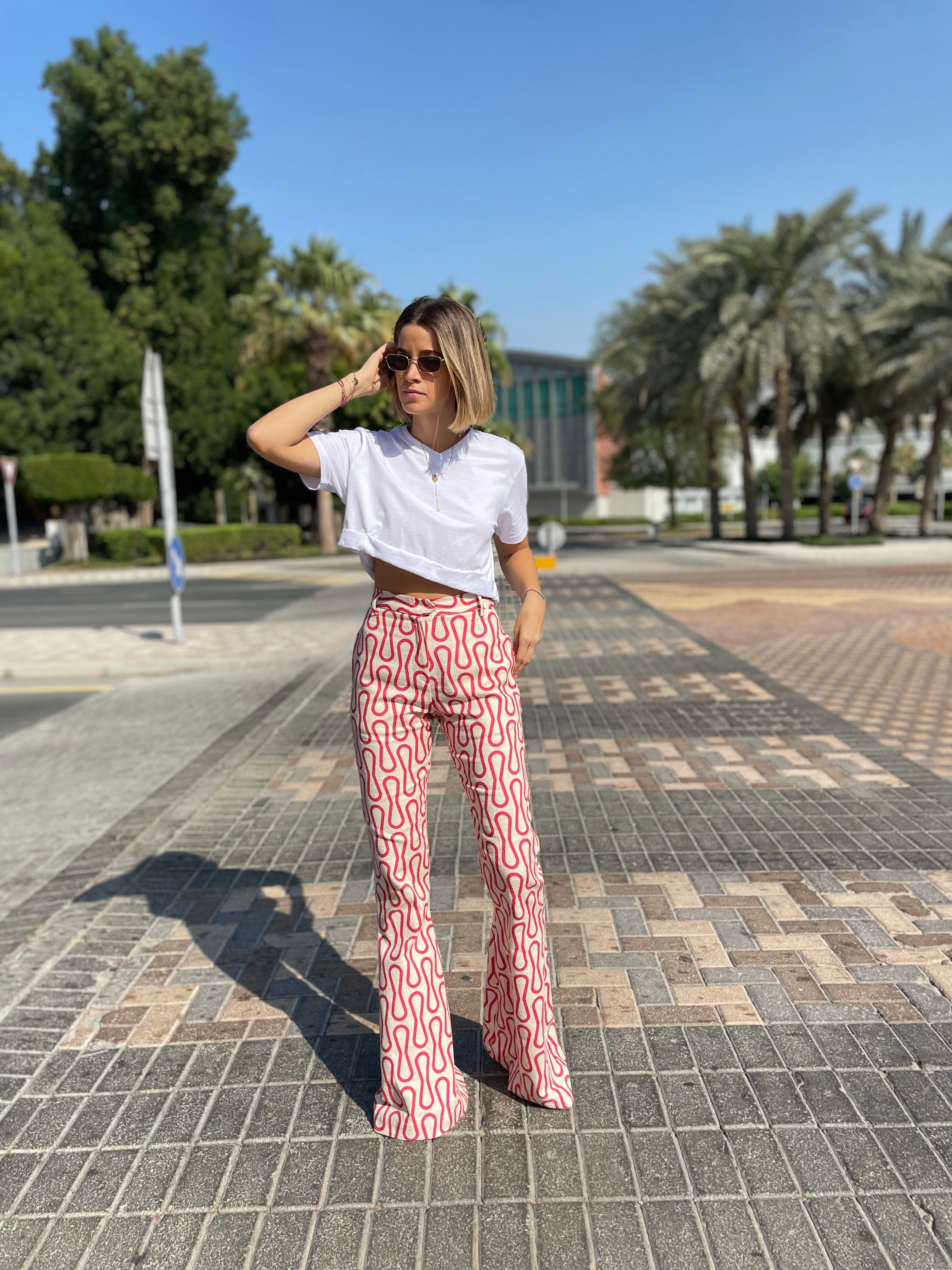 Red striped top flare pants